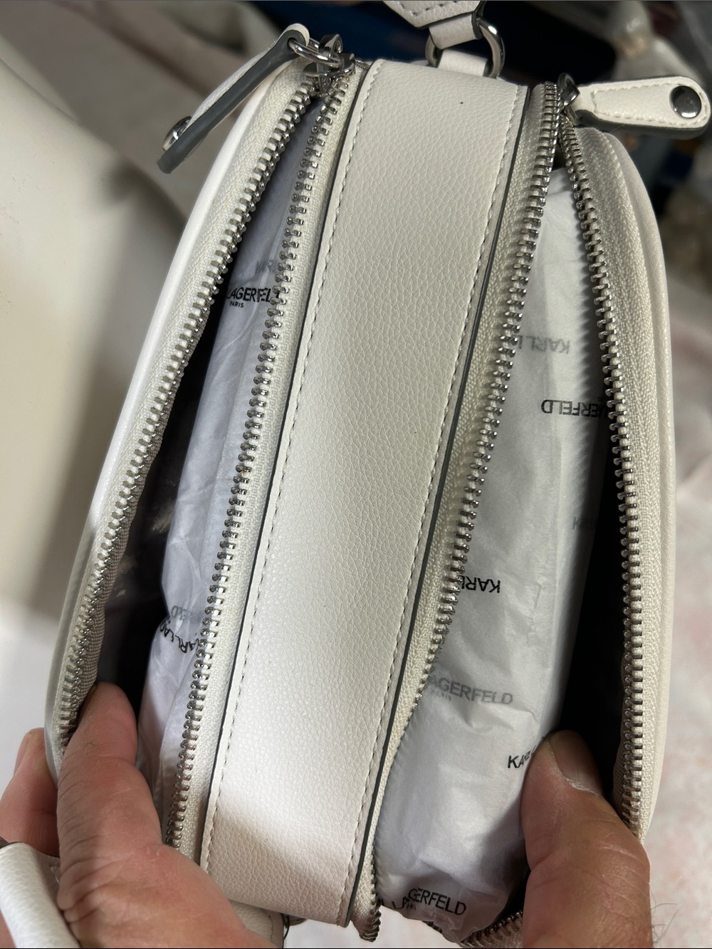 Karl Lagerfeld White Embossed Logo Camera Bag with Black Strap - Picture 4 of 4